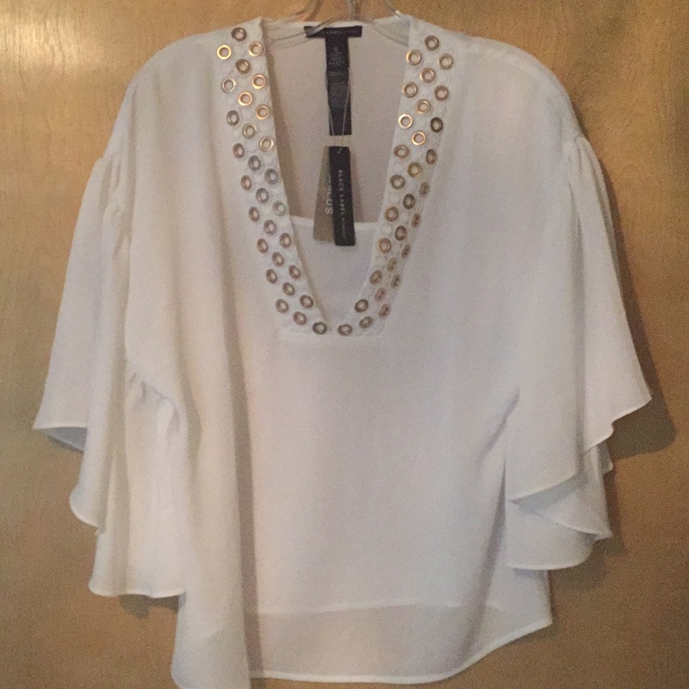 Embellished trim top in alabaster